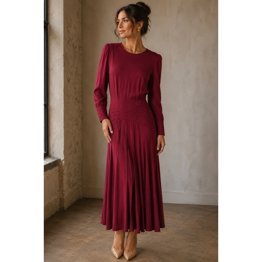 Marie St. Claire Vintage 90s Wine Lattice Drop Waist Pleated Midi Dress Small